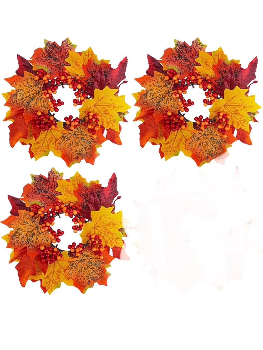 NWOT 3 Pcs Artificial Maple Leaves and Berries Candle Rings Fall Candle Holders